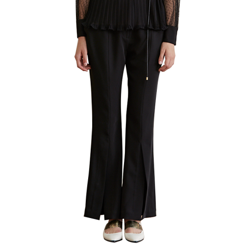 HUI/卉 女士休閑褲19春季純凈黑修身喇叭褲時(shí)尚開叉長褲休閑褲