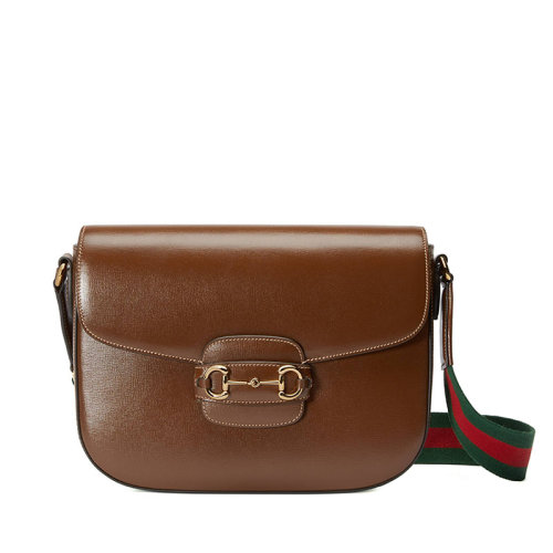 GUCCI/古馳 22新款Horsebit 1955系列 男士棕色皮革馬銜扣金扣配紅綠肩帶翻蓋開合單肩包70045718YSG2364