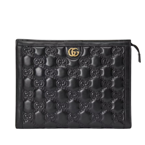 GUCCI/古馳 22新款Matelassé系列 女士黑色老花絎縫皮革金扣拉鏈開合手拿包腋下夾包723780UM8IG1000