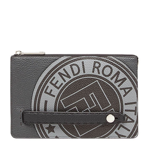 FENDI/芬迪男士牛皮灰色圓形徽標印花圖案時尚手拿包