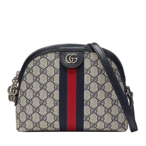 Gucci/古馳 22春夏新款Ophidia系列 女士小號(hào)米色/藍(lán)色提花帆布紅藍(lán)織帶雙G老花單肩斜挎貝殼包 499621K05NN4076