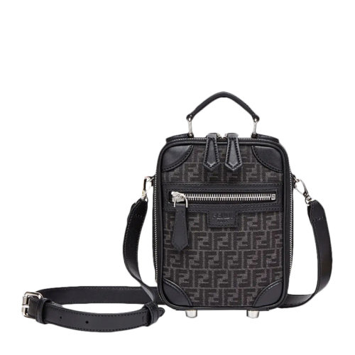 FENDI/芬迪 男士黑灰拼色棉質(zhì)配皮經(jīng)典雙F字母徽標提花裝飾拉鏈開合迷你單肩包斜挎包手提包男包 7VA542-AG0N-F0NPN