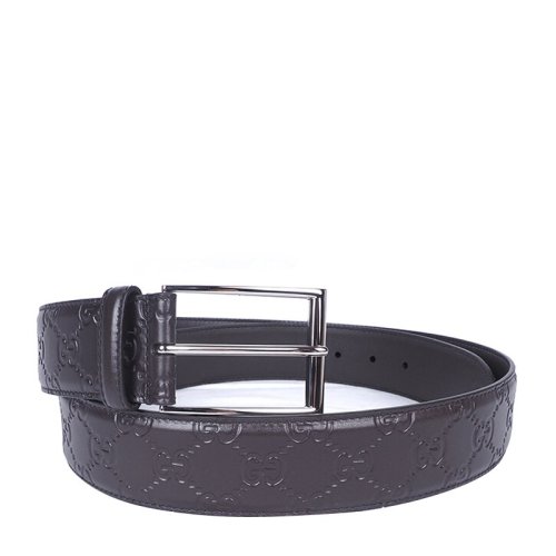 GUCCI/古馳 男士棕色皮革經(jīng)典雙G logo壓花方形針扣式腰帶皮帶