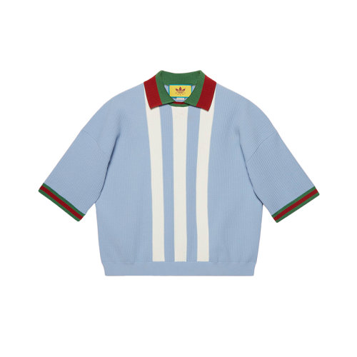 GUCCI/古馳 22年秋冬新款 adidas聯(lián)名系列 男士淺藍(lán)色粘膠纖維混紡網(wǎng)眼羅紋面料Logo印花短袖Polo衫700482XKCDS4748