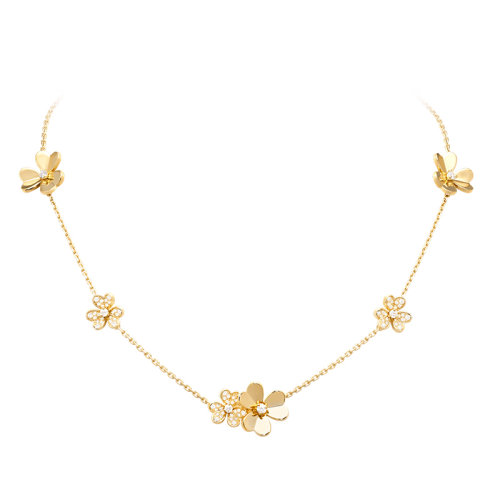 Van Cleef & Arpels/梵克雅寶 經(jīng)典Frivole系列 18k金黃金鑲嵌鉆石9三瓣花朵項鏈VCARP3W600