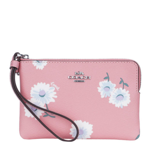 COACH/蔻馳【限定禮盒款】女士粉色涂層帆布/配皮經(jīng)典字母徽標(biāo)裝飾小雛菊印花拉鏈開合錢包卡包手包腕包手拿包女包 C3218