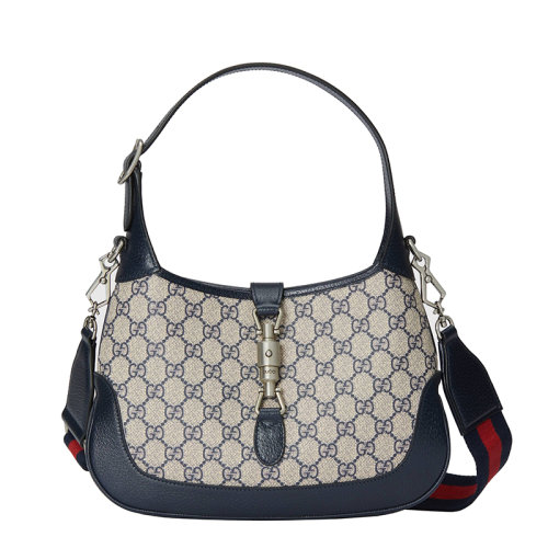 Gucci/古馳 22春夏新款Jackie 1961系列 女士小號(hào)米色/藍(lán)色提花帆布配藍(lán)色皮革紅藍(lán)肩帶銀扣老花單肩手提包 67884396IWN4076