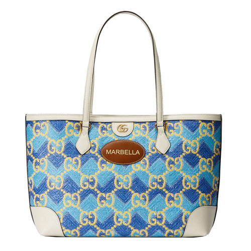 GUCCI/古馳 22新款 女士寶藍(lán)色/藍(lán)色稻草效果面料配皮革GG老花Marbella字樣刺繡手提包托特包631685UYFBG8833
