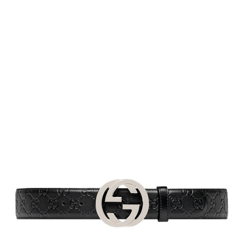 GUCCI/古馳 男士黑色壓花牛皮銀色雙G板扣式腰帶皮帶 411924-CWC1N-1000