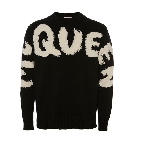 Alexander McQueen/亞歷山大麥昆      Graffiti系列 男士黑色/象牙白純棉LOGO涂鴉嵌花標志針織衫684750Q1GBK1001