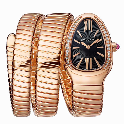 BVLGARI/寶格麗 18K金玫瑰金表殼和雙螺旋表鏈 鑲有明亮式切割鉆石 黑色乳白色表盤 SERPENTI TUBOGAS石英手表 35毫米101814