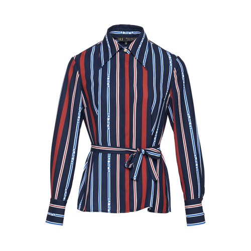 HUI/卉 女士長袖襯衫2020秋季新品藍(lán)色條紋襯衫V領(lǐng)燈籠袖設(shè)計(jì)