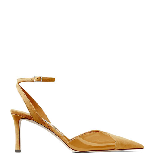 Jimmy Choo/周仰杰 22年秋冬新款 Cassia 75系列 女士駝色絨面革拼漆皮露跟高跟鞋CASSIA75SPT