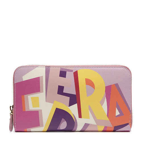 Salvatore Ferragamo/菲拉格慕 女士多色拼色牛皮英文印花長款拉鏈錢包