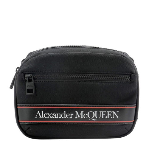 Alexander McQueen/亞歷山大麥昆 男士黑色尼龍正面對(duì)比字母徽標(biāo)印花拉鏈開合單肩包斜挎包胸包腰包男包 625512-HV2AB-1083