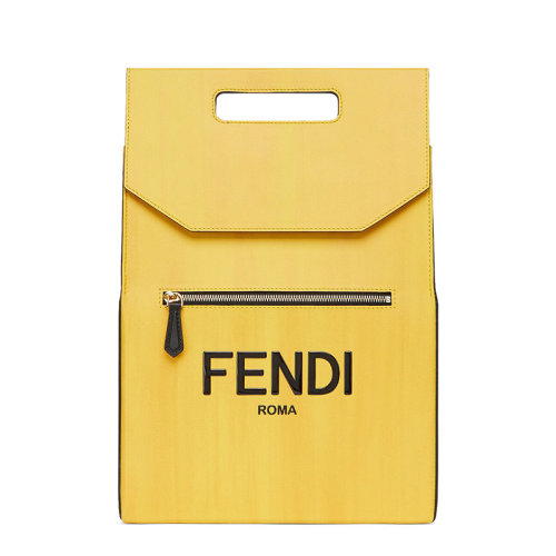 FENDI/芬迪 20   FENDI PACK系列 男士黃色小牛皮FENDI ROMA印花磁性翻蓋手提雙肩背包7VZ060ADP6F1CIA