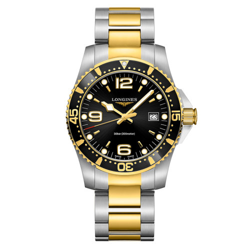 LONGINES/浪琴  康卡斯?jié)撍盗?石英表黑盤(pán)精鋼黃色PVD表殼表帶男表41毫米L3.740.3.56.7