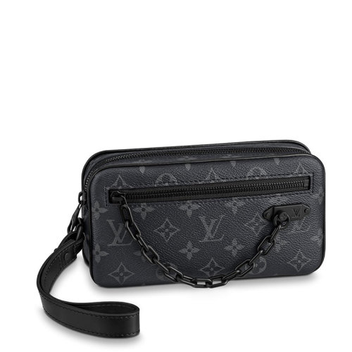 Louis Vuitton/路易威登 經(jīng)典款VOLGA系列 男士經(jīng)典老花帆布牛皮飾邊黑鏈配可拆卸腕帶拉鏈開(kāi)合鏈條手拿包M68321