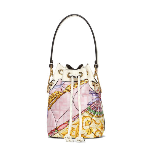FENDI/芬迪 22新款Mon Tresor系列 女士Fendace聯(lián)名款迷你粉色桑蠶絲印花手提抽繩水桶包8BS010AKBAF1I09