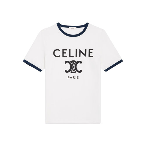 CELINE/賽琳 22年春夏新款 女士熒光白/海軍藍(lán)/黑色純棉Logo印花短袖T恤2X872671Q.01NB
