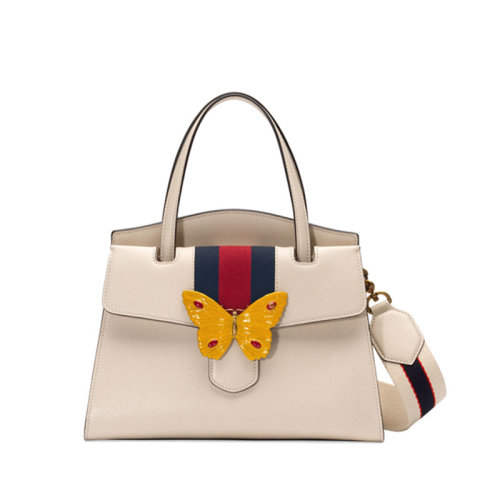 GUCCI/古馳 女包 時尚百搭 紅綠織帶蝴蝶裝飾 女士象牙白色皮革手提包 505344CWGKT9674