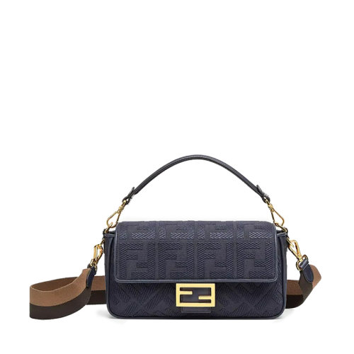 FENDI/芬迪 BAGUETTE系列 女士中號(hào)深藍(lán)色帆布老花印花磁扣翻蓋開(kāi)合斜跨單肩手提包8BR600AC9OF19PO