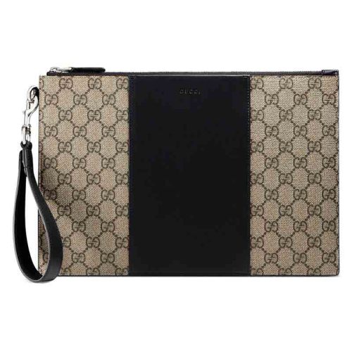 GUCCI/古馳 Supreme GG系列 男士米色帆布與黑色皮革拼接手拿包495017KGDHN9769