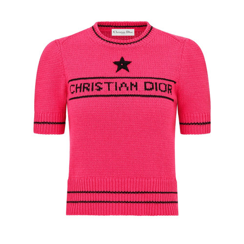 DIOR/迪奧 22年早春新款 女士亮粉色羊毛和羊絨混紡針織面料標(biāo)志星星圖案刺繡短袖針織衫毛衣224S09AM308_X4800