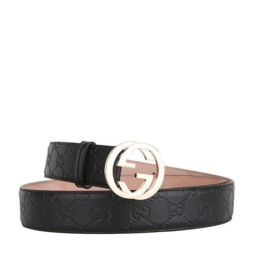 GUCCI/古馳  女士經(jīng)典款 金扣 黑色小牛皮雙G紋皮帶 腰帶 寬3.8CM