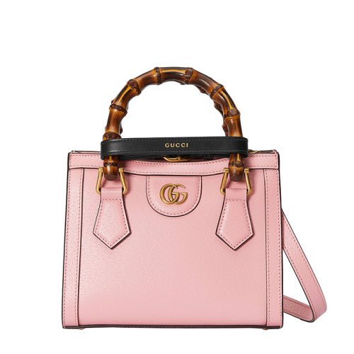 GUCCI/古馳 22春夏新款Diana系列 女士迷你粉色皮革竹節(jié)黑飾帶金扣紅藍肩帶手提單肩托特包702732U3ZDT5479