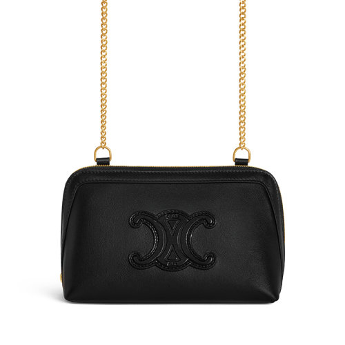 CELINE/賽琳 22新款TRIOMPHE系列 女士黑色皮革飾同色系凱旋皮扣貼片金鏈單肩斜挎鏈條包10E383DR8.38NO