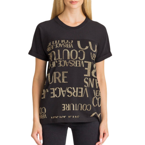 VERSACE JEANS/范思哲牛仔 女士黑色棉質(zhì)經(jīng)典字母徽標(biāo)印花裝飾圓領(lǐng)短袖上衣T恤 B2HUA7EG-36259-899