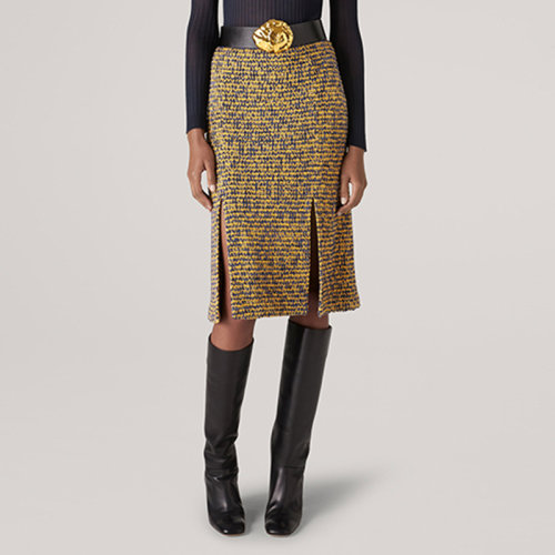 St.John/盛薔黃色粗花呢提花針織中長女士半身裙K7110K3