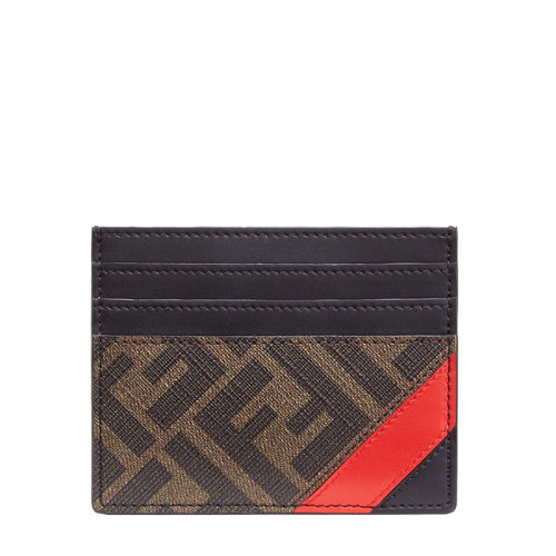 FENDI/芬迪  男士棕色FF提花織物黑色小牛皮紅色調(diào)卡片夾7M0164A9XSF19P9