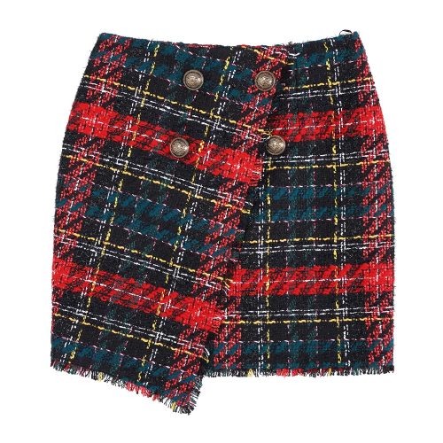 Balmain/巴爾曼 紅色 女士不對(duì)稱(chēng)設(shè)計(jì)粗花呢格紋短裙 UF14059X403  早秋