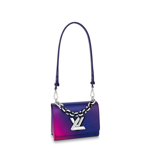 Louis Vuitton/路易威登 22春夏新款TWIST系列 女士小號漸變藍水波紋牛皮革光滑牛皮飾邊銀色螺旋徽標扣銀鏈配可拆卸肩帶單肩斜挎手提鏈條包M59896