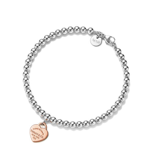Tiffany & Co./蒂芙尼 Return to Tiffany系列 18K金玫瑰金心形吊飾925純銀珠式手鏈GRP12058