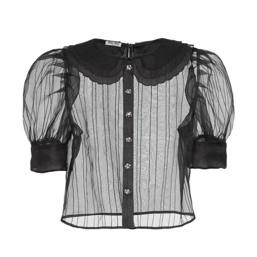 MiuMiu/繆繆 黑色 女士宮廷風(fēng)泡泡袖歐亙紗襯衫 MT1519_401_F0002