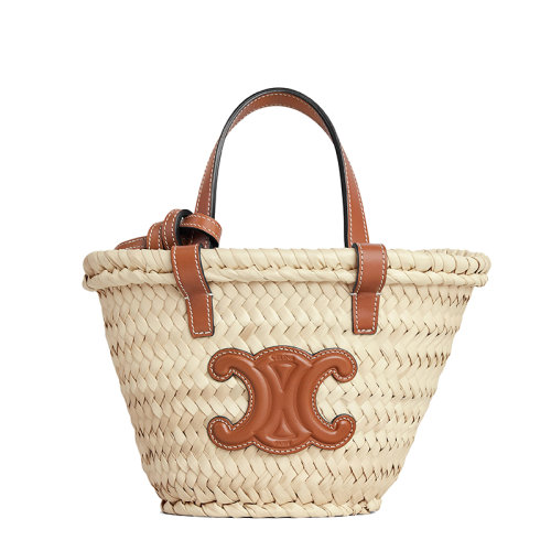 CELINE/賽琳 22新款PANIER TRIOMPHE系列 女士迷你款黃褐色牛皮革自然色棕櫚葉編織單肩手提籃包10J392EH6.02NT
