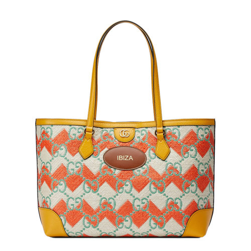 GUCCI/古馳 22新款 女士橙色草編效果老花印花織物配Ibiza皮飾黃色皮革細(xì)節(jié)金扣單肩手提托特包631685UYFHG8827