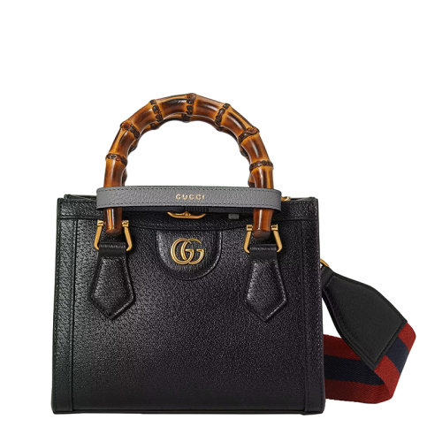 GUCCI/古馳 22春夏新款Diana系列 女士迷你黑色皮革灰色飾帶金扣雙竹節(jié)提手單肩手提托特包702732U3ZDT1260