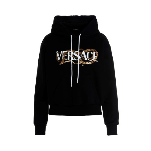 VERSACE/范思哲 女士黑色棉質(zhì)印花裝飾連帽衛(wèi)衣 10041281-A011741-B000