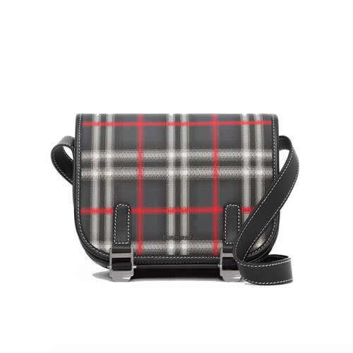 BURBERRY/博柏利 22新款 男士炭灰色皮革拼模糊格紋配金屬搭扣開合翻蓋單肩斜挎信使包80565471