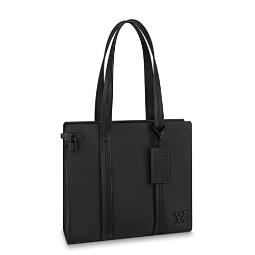 Louis Vuitton/路易威登 22春夏新款TOTE系列 男士黑色粒面小牛皮黑扣配可拆卸徽標(biāo)吊飾單肩斜跨手提托特包M57308