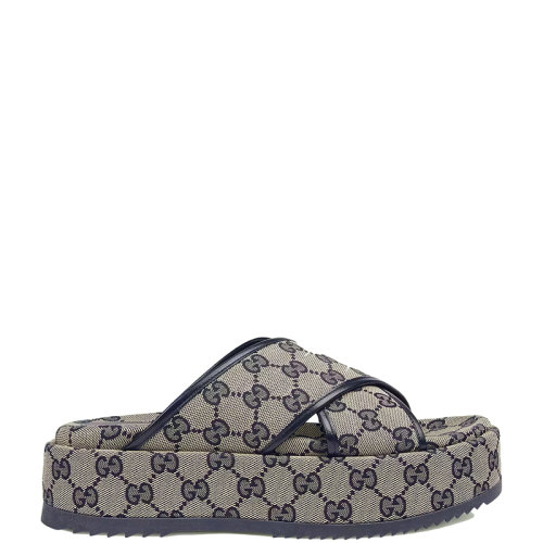 GUCCI/古馳 22年春夏新款 女士米色/藍色經(jīng)典老花帆布防水臺拖鞋?692842H63204061