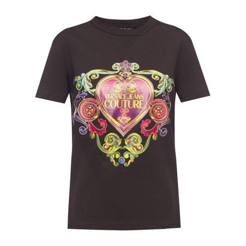 VERSACE JEANS/范思哲牛仔 女士黑色棉質(zhì)印花裝飾圓領(lǐng)短袖上衣T恤 B2HVB7E0-30311-899