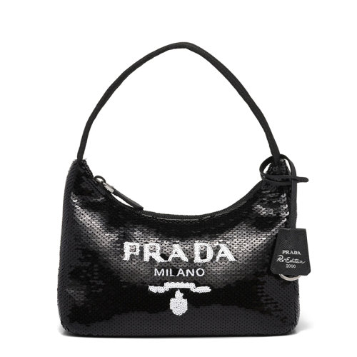 PRADA/普拉達(dá) Re-Edition 2000 系列 女士迷你黑色再生尼龍通體亮片裝飾拉鏈拉合徽標(biāo)斜跨單肩包1NE515_2D0Y_F0967