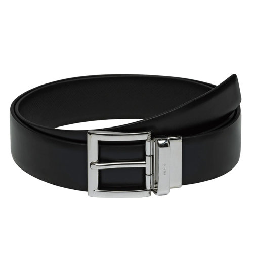 PRADA/普拉達 男士黑色摩洛哥皮革和小牛皮拋光鋼扣雙面腰帶33毫米2CC004_2AJ9_F0002