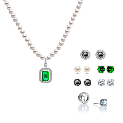 zhuella/珠艾樂 祖母綠鋯石吊墜 可脫卸   淡水珍珠項鏈 天然淡水珍珠太陽款耳釘