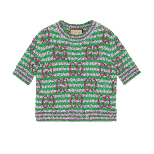 GUCCI/古馳 22年秋冬新款 女士綠色/紫色棉質(zhì)混紡短袖針織衫毛衣695796XKCAL3579
